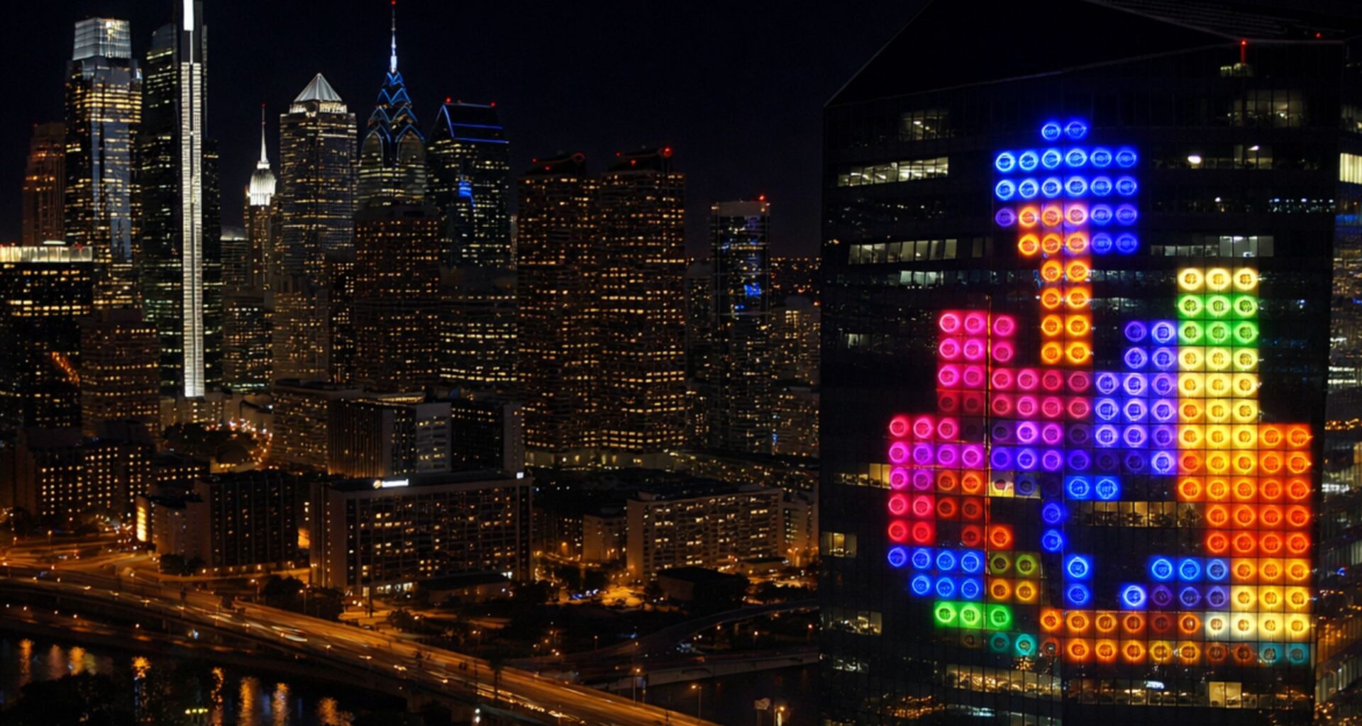 Colorful Tetris blocks are displayed in lights on a glass building at night, overlooking a city skyline with illuminated skyscrapers.