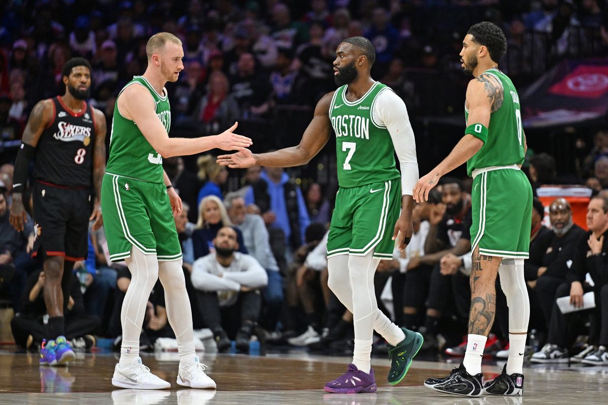 Sam Hauser, Jaylen Brown, and Jayson Tatum Sam Hauser, Jaylen Brown, and Jayson Tatum