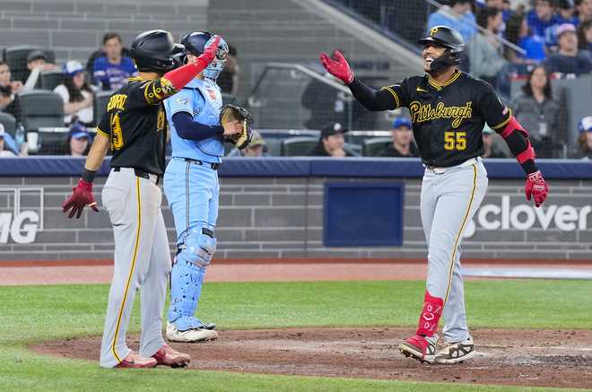 Esmerlyn Valdez home run TORONTO, CANADA - MAY 24: Esmerlyn Valdez #55 of the Pittsburgh Pirates celebrates his first MLB career home run against the Toronto Blue Jays during the sixth inning in their MLB game at the Rogers Centre on May 24, 2026 in Toronto, Ontario, Canada. (Photo by Mark Blinch/Getty Images)