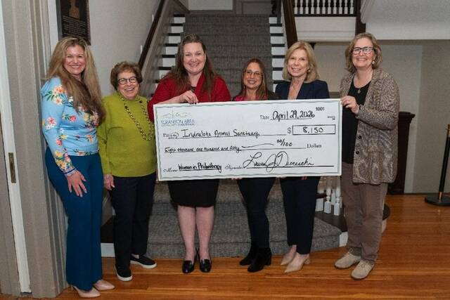 <p>Laura Ducceschi, president and CEO of Scranton Area Community Foundation; Elaine Shepard, WIP supporter; Robin Olson, grants manager for Indraloka Animal Sanctuary; Indra Lahiri, CEO of Indraloka Animal Sanctuary; Patti Thomas, Scranton Area Community Foundation Board governor and WIP supporter; and Ellen Burkey, WIP supporter, hold the check to the Indraloka Animal Sanctuary.</p>
<p>Submitted photo</p>