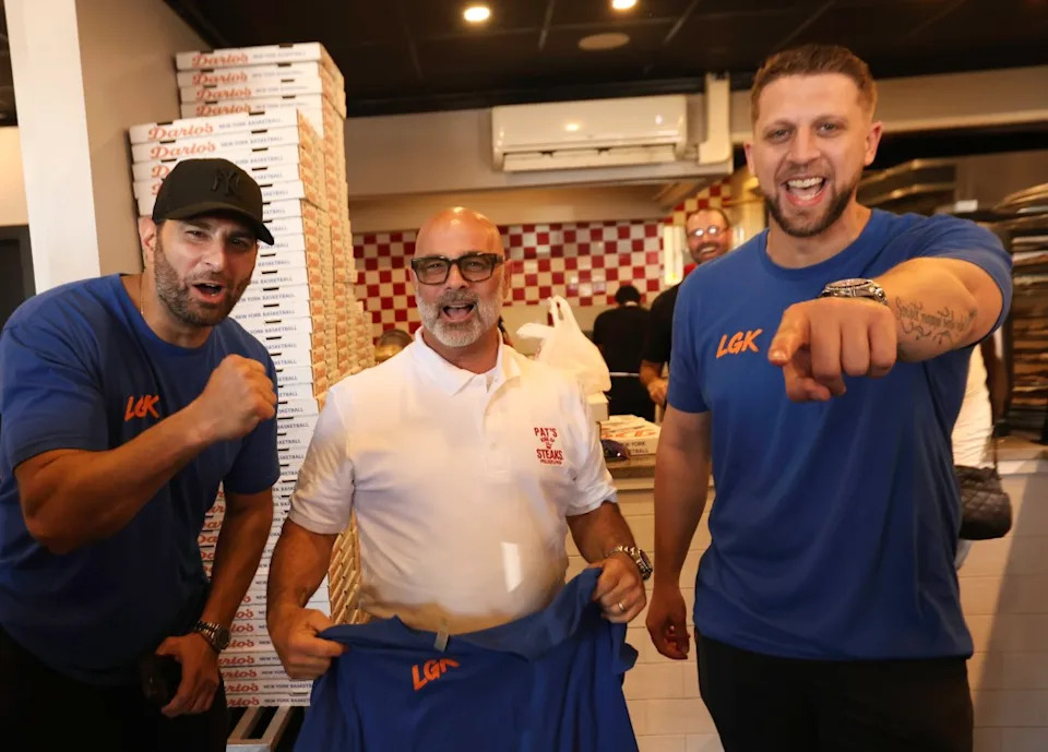 Oliveri at Dario’s with owners Louis Cretella (left) and Dario Carosi. The Philly fan bet the two diehard Knick supporters that the 76ers would beat New York in the second round of the playoffs. James Messerschmidt for the NY Post