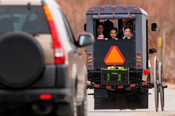 Amish youngsters ride in the kid box of a buggy Sunday, March 8, 2026, in Lancaster County, Pa. (AP Photo/Robert F. Bukaty)