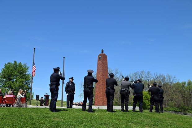 The Berks Lodge #71 Firing Detail gives a 21-gun salute during the Berks Lodge #71 Fraternal Order of Police Memorial Service at the Berks County Heritage Center in Bern Township on Friday, May 1, 2026. (BILL UHRICH/READING EAGLE)