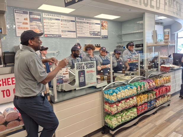 Jersey Mike's subs is opening in Exeter Township on Wednesday, May 6. In this photo, new employees are learning how to make sandwiches "the Mike's way," during a training session led by Filomeno Monteiro, director of field support for Jersey Mike's. (DONNA ROVINS - MEDIANEWS GROUP PHOTO)