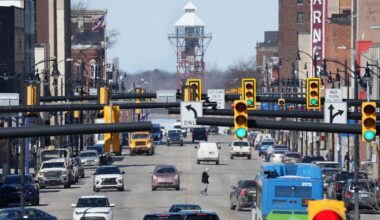 The Bicentennial Tower, center, stands at the foot of State Street in Erie, Pa., on March 2, 2026. Beyond the tower, across Presque Isle Bay, is Presque Isle State Park, background.