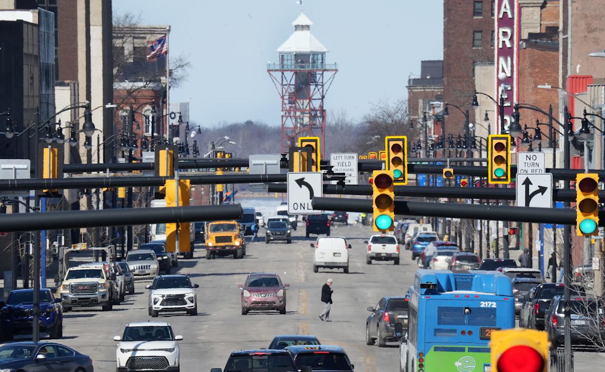 The Bicentennial Tower, center, stands at the foot of State Street in Erie, Pa., on March 2, 2026. Beyond the tower, across Presque Isle Bay, is Presque Isle State Park, background.