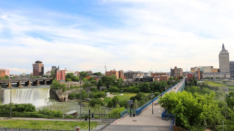 A view of the skyline with High Falls and the...
