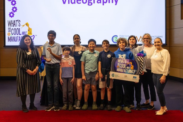 The team from Great Valley Middle School won the category of Outstanding Videography for its profile of Lavazza Inc. in the 2026 What's So Cool About Manufacturing student video contest for Chester/Delaware counties. (By Zhayer Legrand - Courtesy Chester County Economic Development Council)