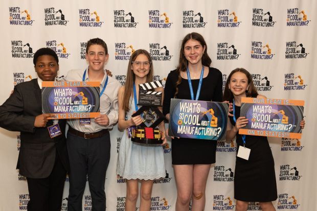 The team from Boyertown Middle School West won the category of Outstanding Editing in the 2026 What's So Cool About Manufacturing contest for Berks/Schuylkill counties - for the team's profile of American Crane and Equipment Corp. (Courtesy Sahl Communications)
