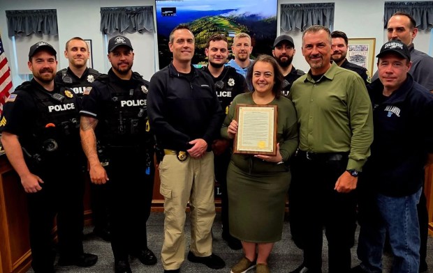 Lansdowne Mayor Magdalena Huertas Byrne with Police Chief Ken Rutherford and the rest of the borough police department. (COURTESY OF LANSDOWNE)