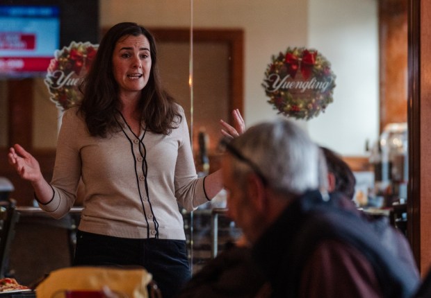 Rachel Wallace, a congressional candidate seeking to win Dan Meuser's seat in the 9th district, answers questions during a town hall at Roma in Pottsville, Friday, Dec. 5, 2025. Wallace's town hall was in response to U.S. Representative Dan Meuser's constituent forum which was originally advertised as a private event for those who received an email invitation. (MATTHEW PERSCHALL/MULTIMEDIA EDITOR)