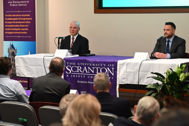 Community members gather to listen to Pennsylvania's 22nd Senate District Democratic primary election candidates incumbent Marty Flynn and Jeffery Lake debate at Brennan Hall on the University of Scranton's campus in Scranton on Thursday, May 6, 2026. (REBECCA PARTICKA/STAFF PHOTOGRAPHER)
