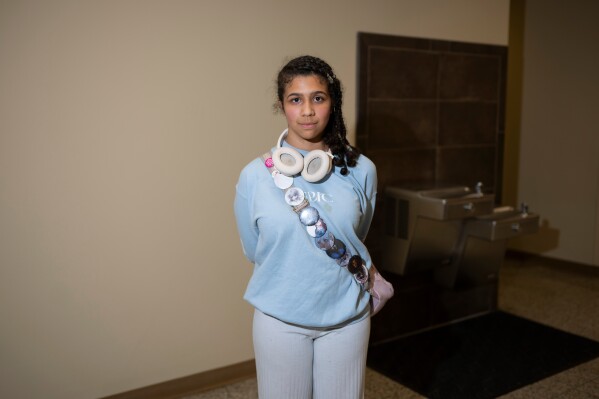 Elliot Campbell, 15, poses for a portrait after speaking at a Lower Merion Board of School Directors meeting at the Lower Merion School District Administration Building on Monday, May 11, 2026, in Ardmore, Pa. (AP Photo/Joe Lamberti)