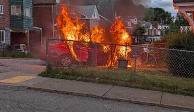 Car collides with fence, catches fire in Pittsburgh's Knoxville