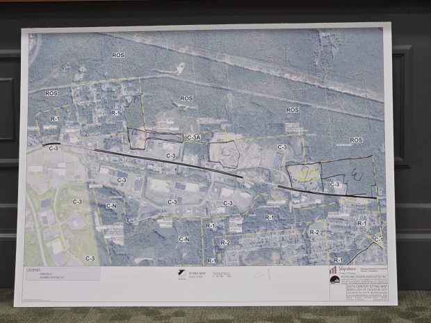 A marked-up zoning map showing the locations of data centers during a zoning hearing Wednesday, April 29, 2026, at the Dickson City Borough Building. (FRANK WILKES LESNEFSKY / STAFF PHOTO)