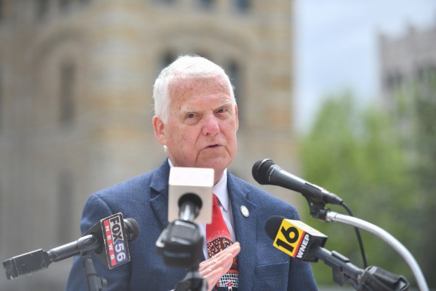 Lackawanna County Commissioner Thom Welby speaks during a press conference for the upcoming FIFA Fan Zone at Courthouse Square in Scranton Thursday, May 28, 2026. (SEAN MCKEAG / STAFF PHOTOGRAPHER)
