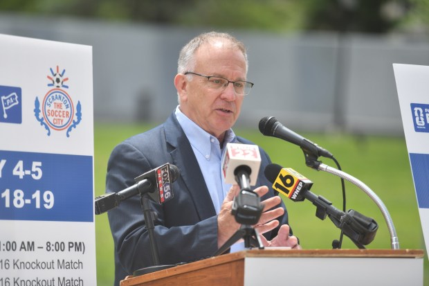 Terry Deitz, senior vice president and marketing manager for NEPA radio and digital for Times-Shamrock Communications, speaks during the FIFA Fan Zone press conference on Courthouse Square in Scranton Thursday, May 29, 2026. (SEAN MCKEAG / STAFF PHOTOGRAPHER)