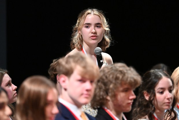 Mid Valley's Nevaeh O'Malley during the Q and A section of the Scranton Times-Tribune Scholastic Superstars ceremony at Lackawanna College in Scranton on Wednesday, May 5, 2026. (REBECCA PARTICKA/STAFF PHOTOGRAPHER)