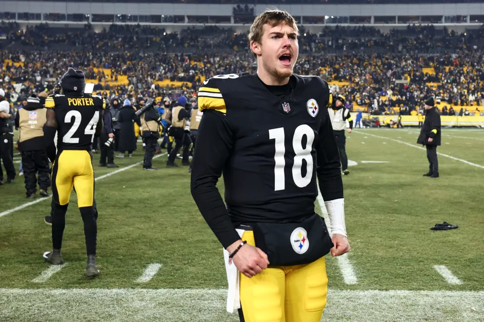 Will Howard #18 of the Pittsburgh Steelers celebrates after winning an NFL football game against the Baltimore Ravens at Acrisure Stadium on January 4, 2026 in Pittsburgh, Pennsylvania.