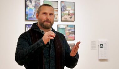 Jesse Krimes showing selected quilts from his series at the Fabric Workshop exhibit