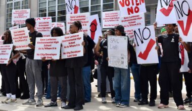 Students from Lankenau Environmental Science Magnet High School demonstrate against the school closure plan before the Board of Education meeting Thursday, April 30, 2026.