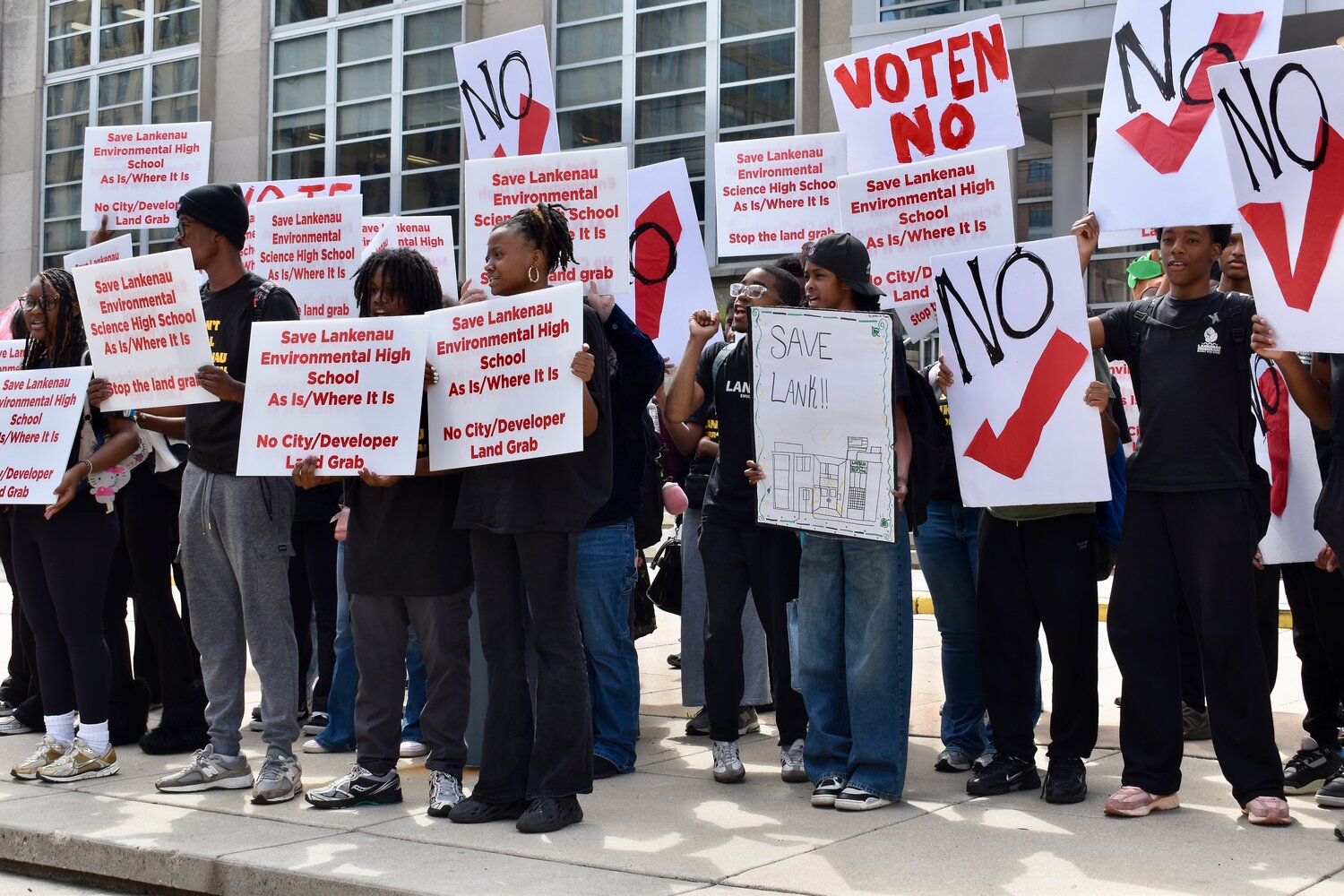 Students from Lankenau Environmental Science Magnet High School demonstrate against the school closure plan before the Board of Education meeting Thursday, April 30, 2026.