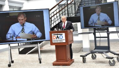 District Attorney Larry Krasner gives his response to a letter from Congressional Republicans as television monitors display a photograph of U.S. Rep. Jim Jordan during a news conference Wednesday, May 13, 2026.