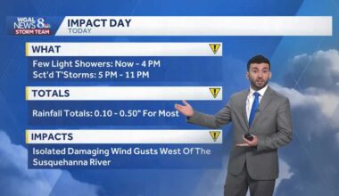 Few showers today; scattered evening thunderstorms in south-central Pennsylvania