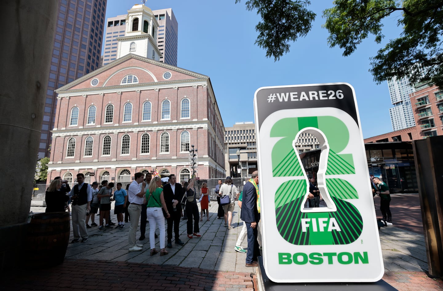The World Cup countdown clock is placed next to Faneuil Hall.
