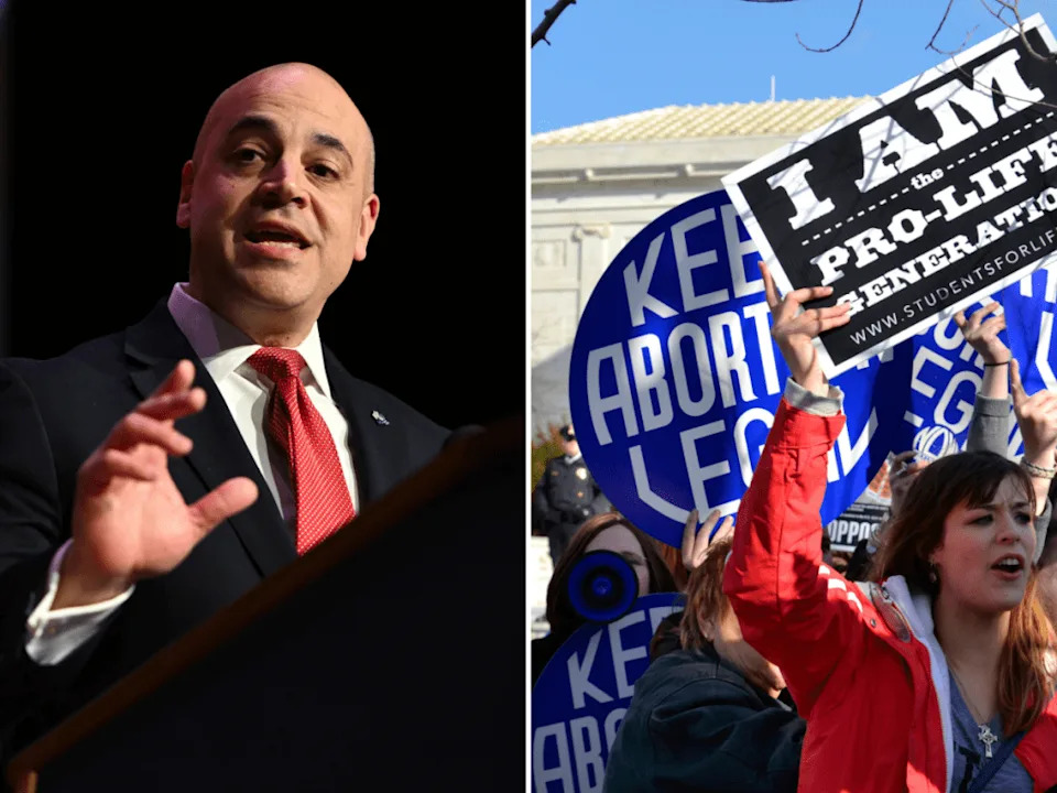 A composite image showing Pennsylvania Attorney General Dave Sunday and anti-abortion and abortion rights protesters.