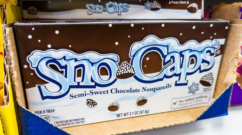 A box of Sno-Caps on a shelf