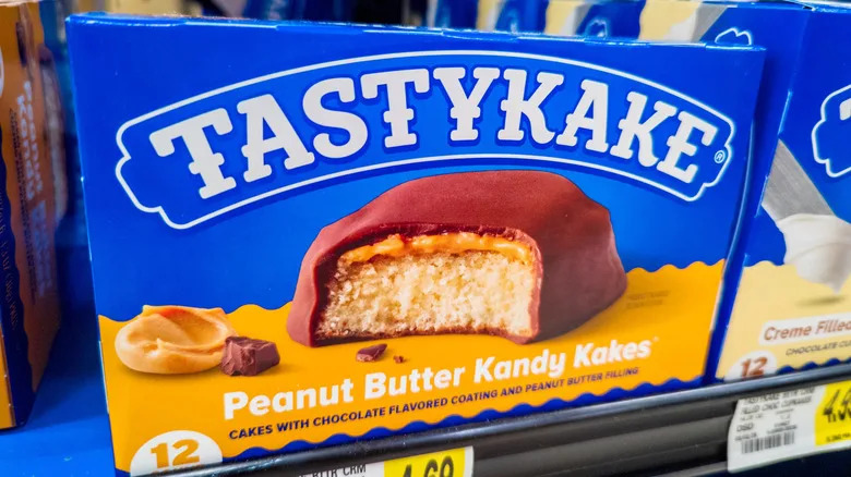 A box of TastyKake Peanut Butter Kandy Kakes on a store shelf