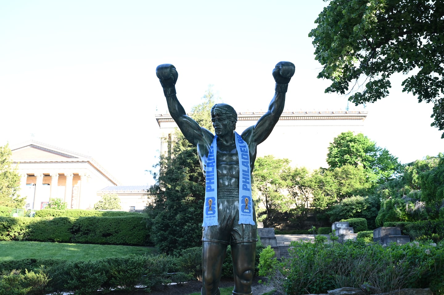 A World Cup scarf was placed over the Rocky statute at the Philadelphia Museum of Art as part of the city's promotion of the event.