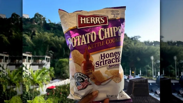A person holding a bag of Herr's chips outside
