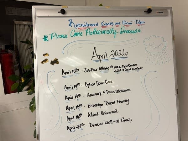 A recruitment calendar on a whiteboard.