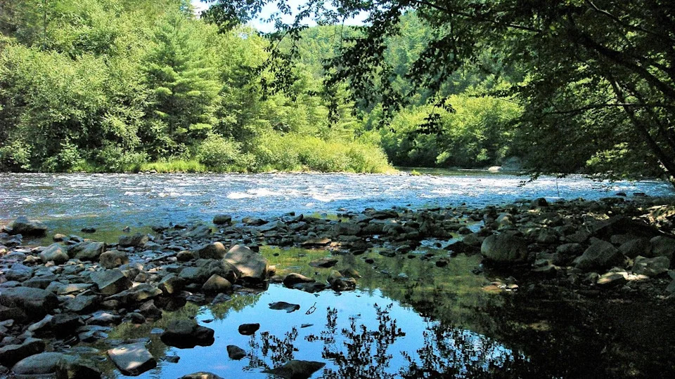 Lehigh River Rapids from a tidal pool reflecting the surrounding gorge in the Pennsylvania Poconos