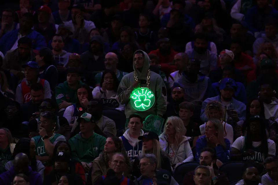Apr 30, 2026; Philadelphia, Pennsylvania, USA; A Boston Celtics fan looks on during the fourth quarter of a game against the Philadelphia 76ers at Xfinity Mobile Arena. Mandatory Credit: Bill Streicher-Imagn Images