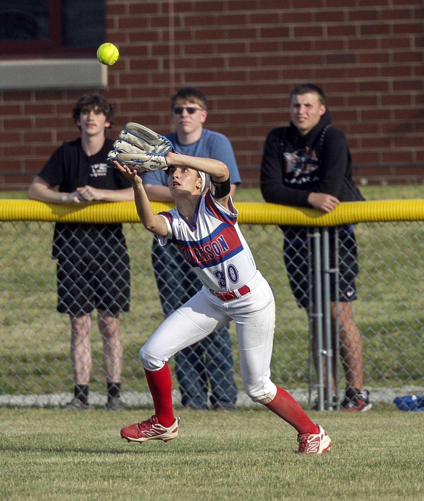Morrison’s Bella Scachette makes the catch against Erie-Prophetstown Thursday, May 14, 2026.