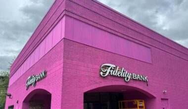 Fidelity Bank building painted pink in Easton |