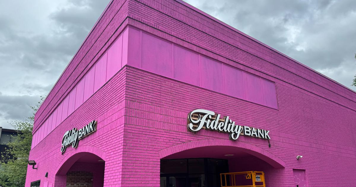 Fidelity Bank building painted pink in Easton |