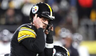 Jan 12, 2026; Pittsburgh, PA, USA; Pittsburgh Steelers quarterback Aaron Rodgers (8) audibles during the second half of an AFC Wild Card Round game against the Houston Texans at Acrisure Stadium. Mandatory Credit: Charles LeClaire-Imagn Images - Arizona Daily Star