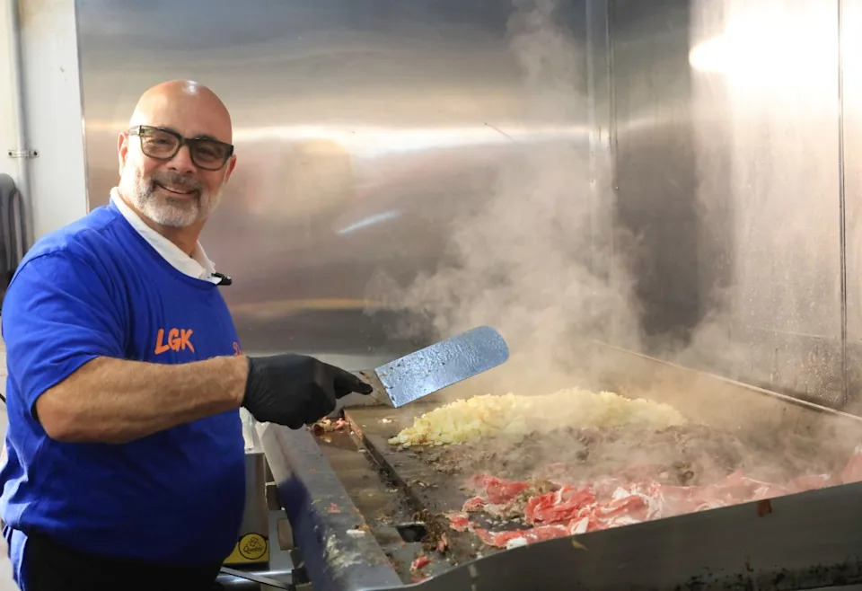 Frank Olivieri, the owner of Pat’s King of Steaks in Philadelphia, worked a shift at Dario’s on Long Island to pay off a bet he made against the New York Knicks. James Messerschmidt for the NY Post