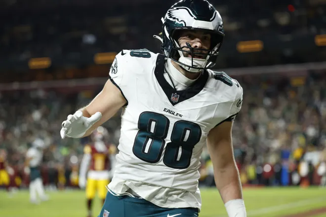 Dec 20, 2025; Landover, Maryland, USA; Philadelphia Eagles tight end Dallas Goedert (88) celebrates after scoring a touchdown against the Washington Commanders in the second half at Northwest Stadium. Mandatory Credit: Geoff Burke-Imagn Images