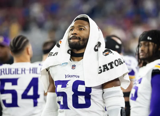 Jan 13, 2025; Glendale, AZ, USA; Minnesota Vikings linebacker Jonathan Greenard (58) against the Los Angeles Rams during an NFC wild card game at State Farm Stadium. Mandatory Credit: Mark J. Rebilas-Imagn Images