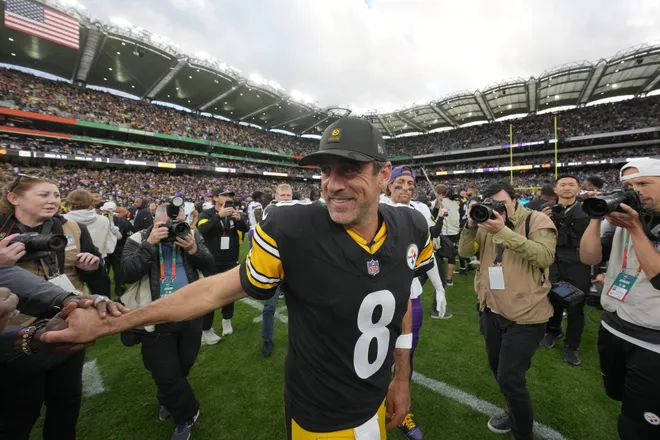 Sep 28, 2025; Dublin, Ireland; Pittsburgh Steelers quarterback Aaron Rodgers (8) reacts after an NFL International Series game against the Minnesota Vikings at Croke Park. Mandatory Credit: Kirby Lee-Imagn Images