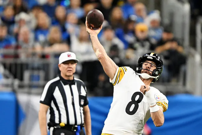 Dec 21, 2025; Detroit, Michigan, USA; Pittsburgh Steelers quarterback Aaron Rodgers (8) throws a pass during the fourth quarter against the Detroit Lions at Ford Field. Mandatory Credit: Lon Horwedel-Imagn Images