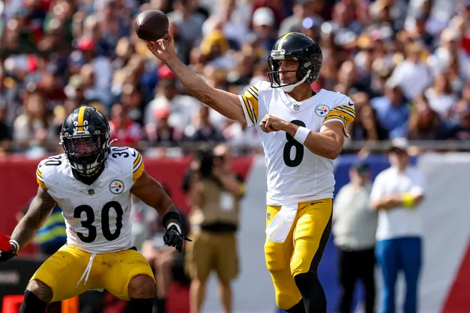 Sep 21, 2025; Foxborough, Massachusetts, USA; Pittsburgh Steelers quarterback Aaron Rodgers (8) makes a pass during the first quarter at Gillette Stadium. Mandatory Credit: Paul Rutherford-Imagn Images