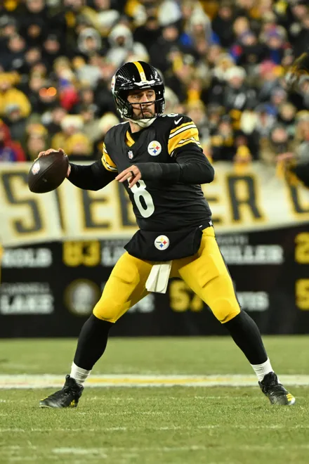 Nov 30, 2025; Pittsburgh, Pennsylvania, USA; Pittsburgh Steelers quarterback Aaron Rodgers (8) looks to pass against the Buffalo Bills during the first half at Acrisure Stadium. Mandatory Credit: Barry Reeger-Imagn Images