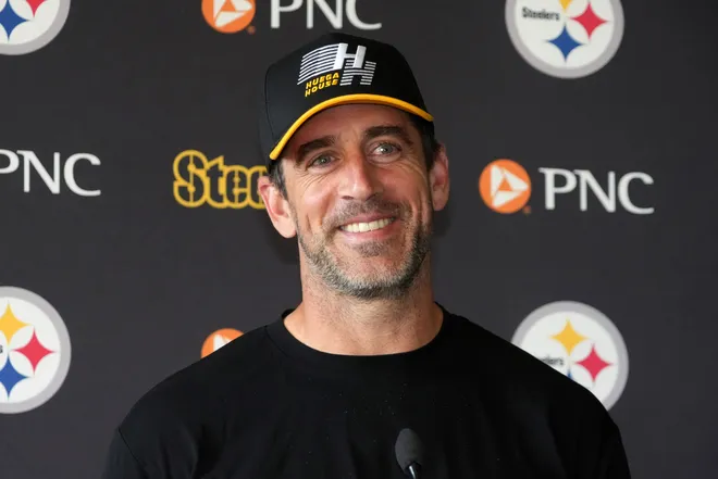 Sep 26, 2025; Maynooth, Ireland; Pittsburgh Steelers quarterback Aaron Rodgers at press conference at Carton House. Mandatory Credit: Kirby Lee-Imagn Images
