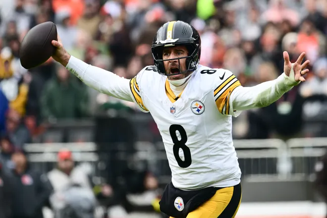 Dec 28, 2025; Cleveland, Ohio, USA; Pittsburgh Steelers quarterback Aaron Rodgers (8) reacts in the second quarter against the Cleveland Browns at Huntington Bank Field. Mandatory Credit: Ken Blaze-Imagn Images